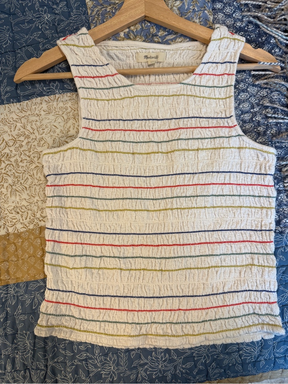 Madewell Cream Textured Tank with Multicolor Stripe Detail